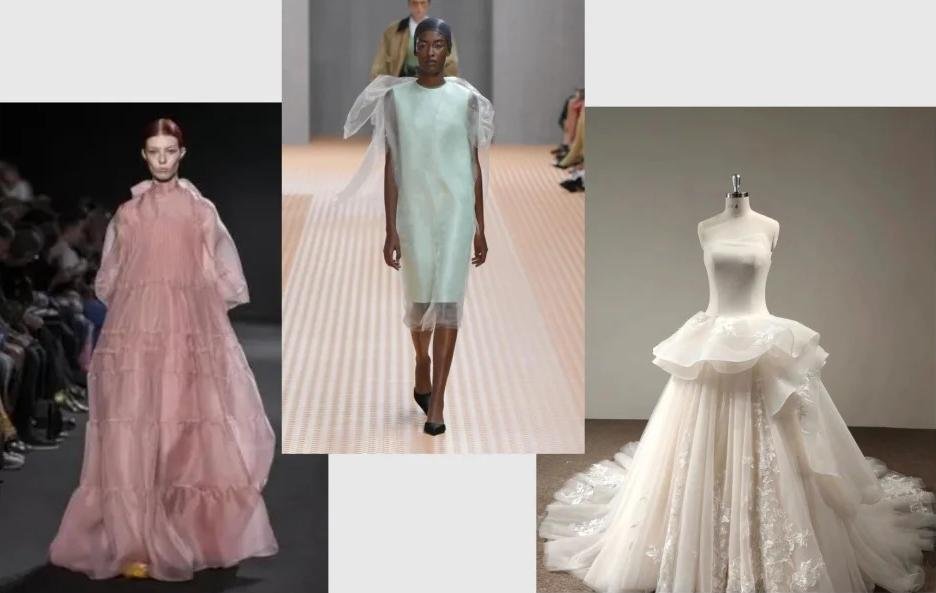 Organza fabrics for wedding dresses and runway garments.