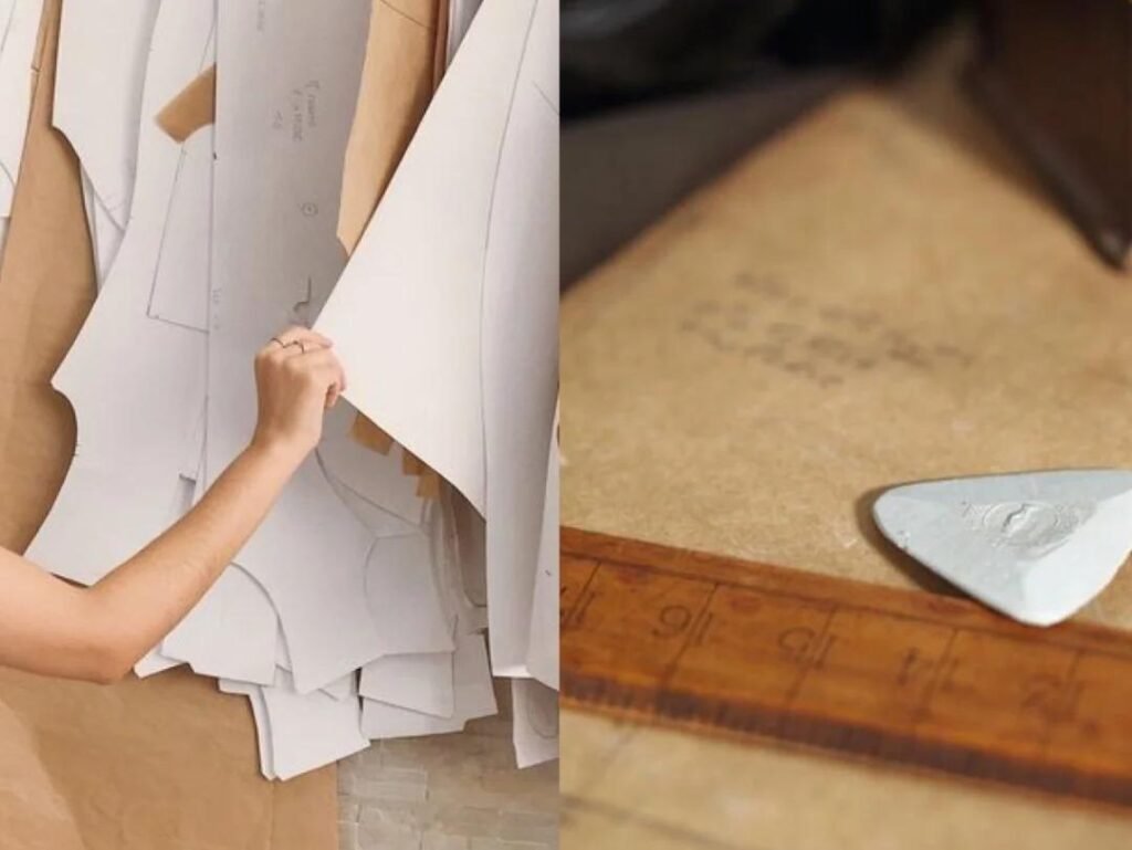 The left side is the hand operation of the paper pattern, the right side is the ruler and other tools on the paper pattern, showing the paper pattern to put the yardage method